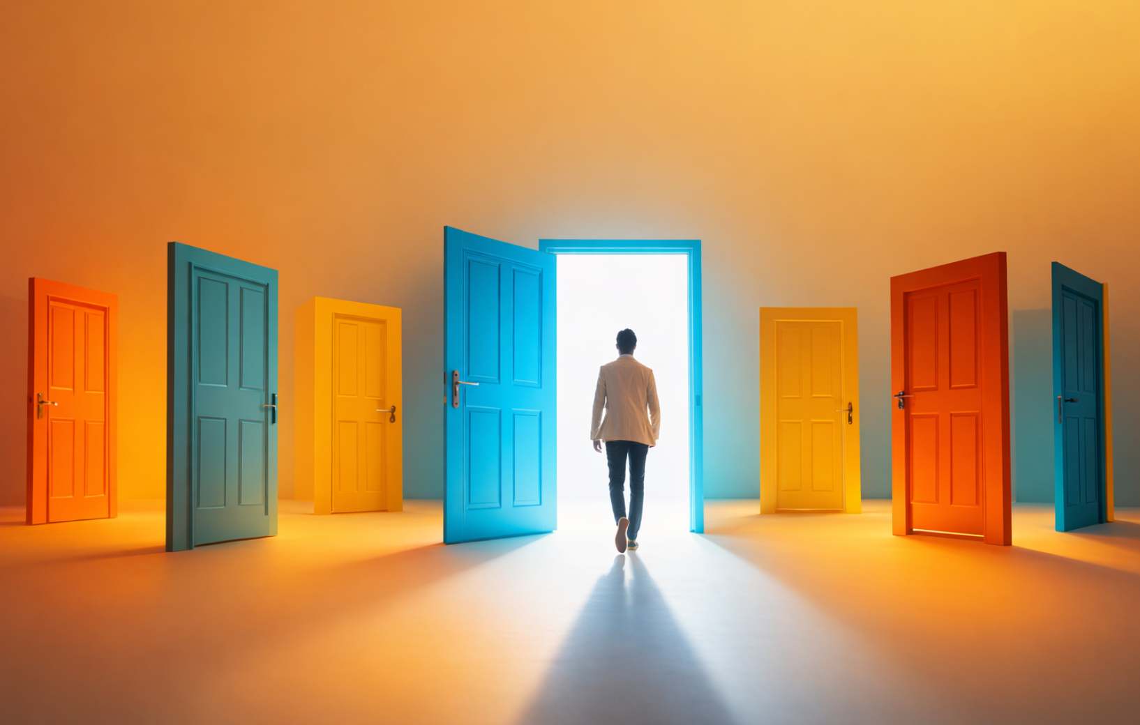 image of man standing in front of doors like he is supposed to choose an categorie